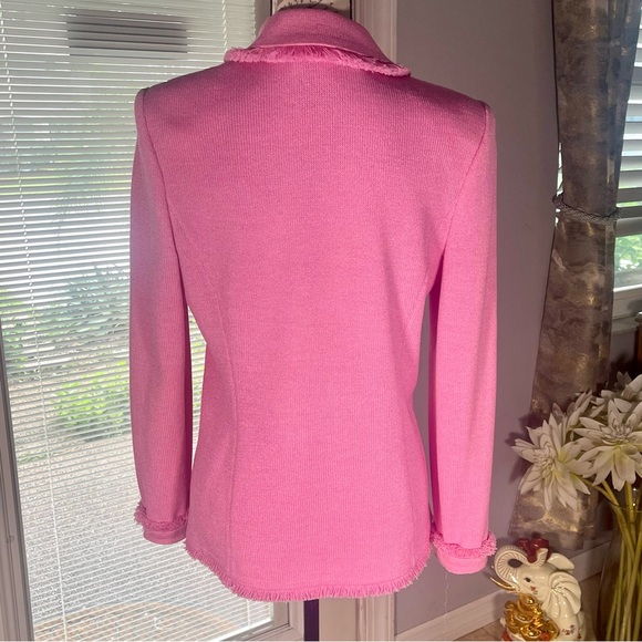 SOLD St. John Marie Gray Rare Y2K Santana Knit Hot Pink Logo Buttons Fringe - Picture 8 of 14